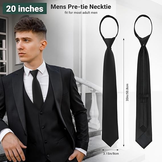 2Pcs Men’s Adjustable Black PreTied Necktie Office Zipper Neck Tie Clip On Tie