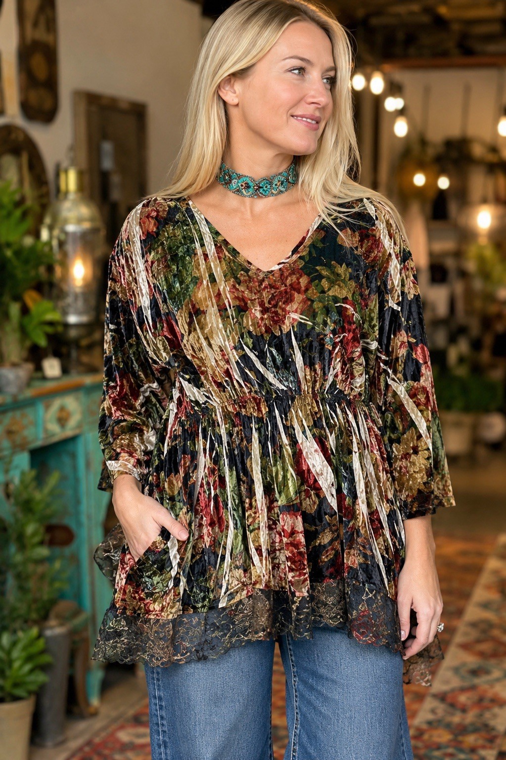 A Rare Bird NWT Floral Crushed Velvet Tunic Top w Pockets & Lace One SZ S M L XL
