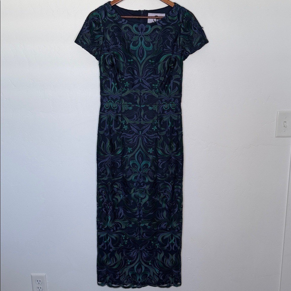 JS Collections Fallon Embroidered Lace Sheath Midi Dress Navy Teal Size 6 NWT