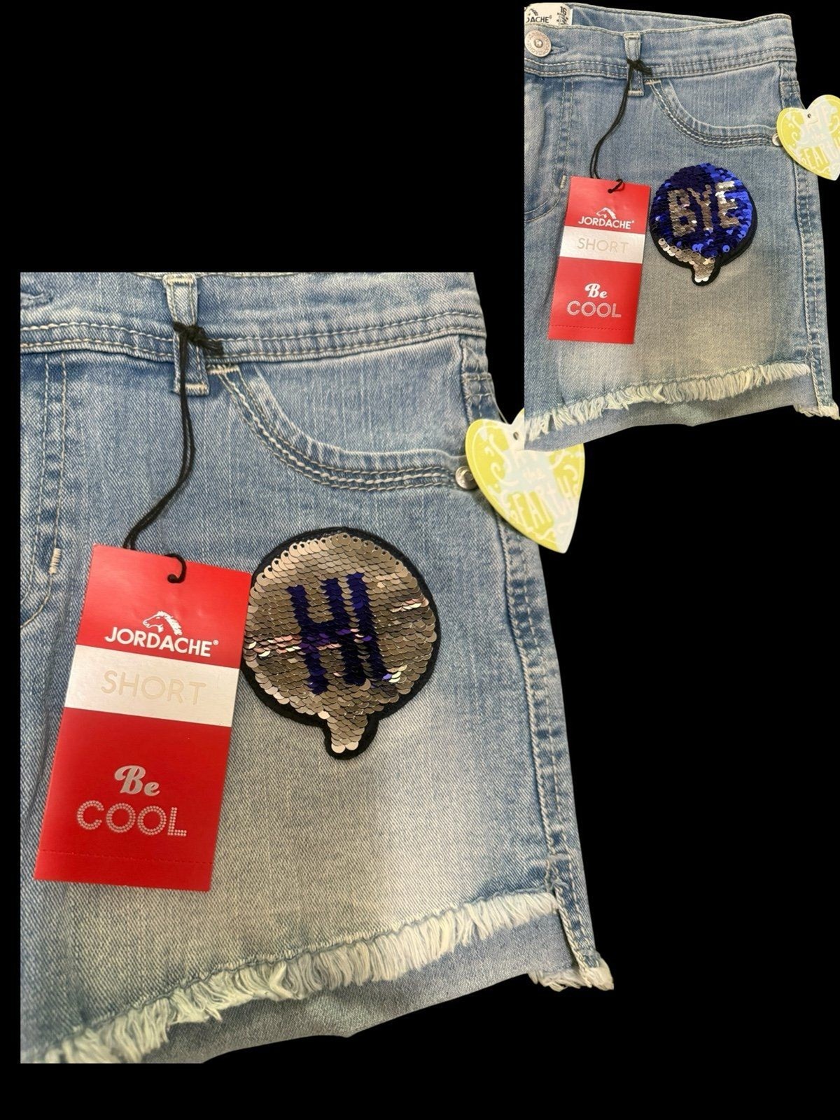 NWT Jordache Flip Sequin “Hi/Bye” Girls Sequin Denim Shorts Lightwash Waist 16