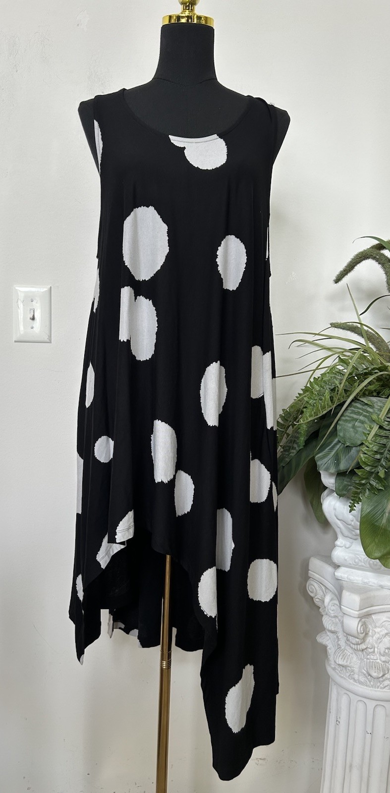 ALEMBIKA Black White Polka Dot Tunic Lagenlook Artsy Sleeveless Trapeze Top XL