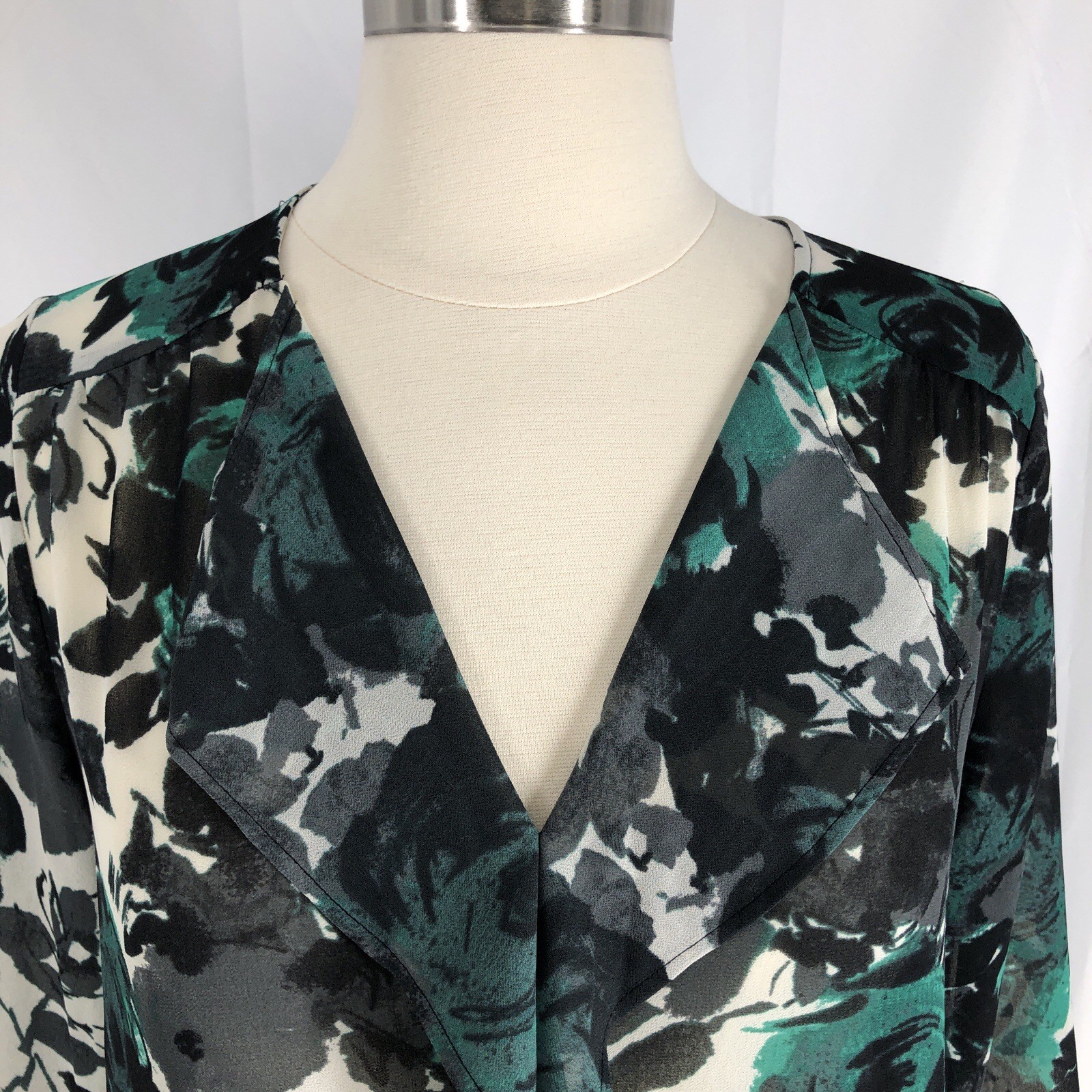 LOFT Women’s Small Black Green Floral Sheer Long Sleeve Blouse Top