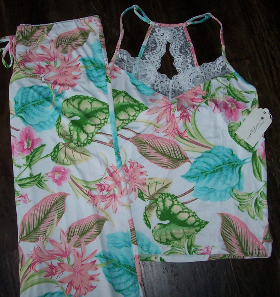 NWT In Bloom by Jonquil IVORY/GREEN/PINK/BLUE TROPICAL FLORAL Knit Pajama Set L