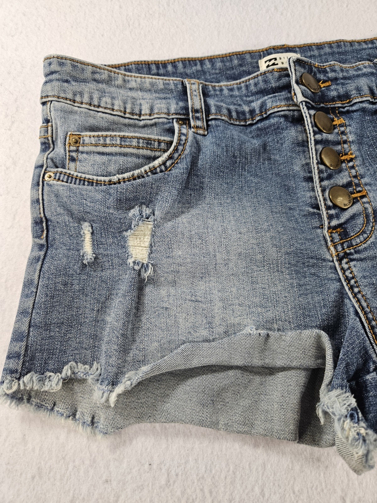 Billabong Distressed Denim Shorts Size 28 Button Fly Cut Off Frayed Hem Blue