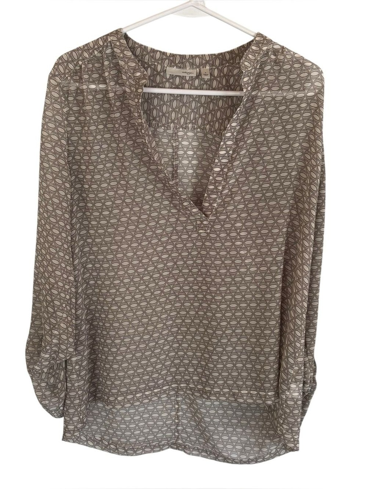 Halogen Sheer Geometric V-Neck Blouse Long Sleeve Office Lightweight Layering