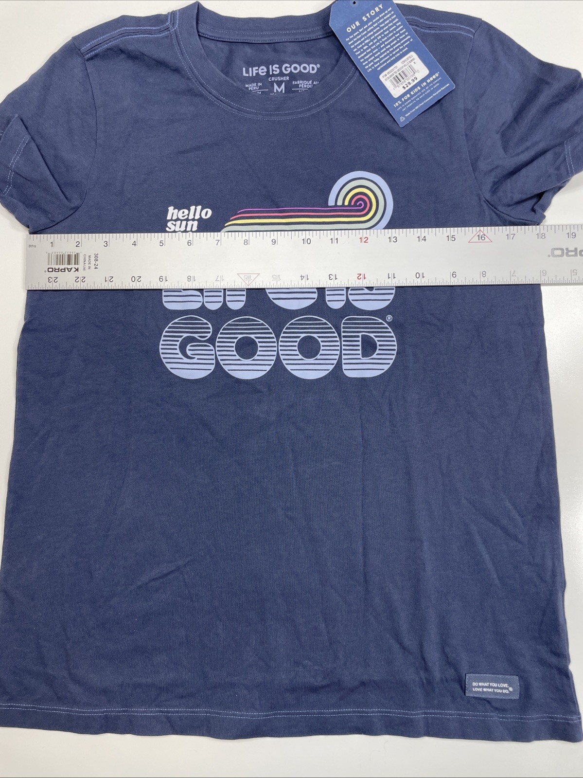 NWT Life Is Good Groovy Hello Sunshine Womens T Shirt Medium Graphic Blue Cotton