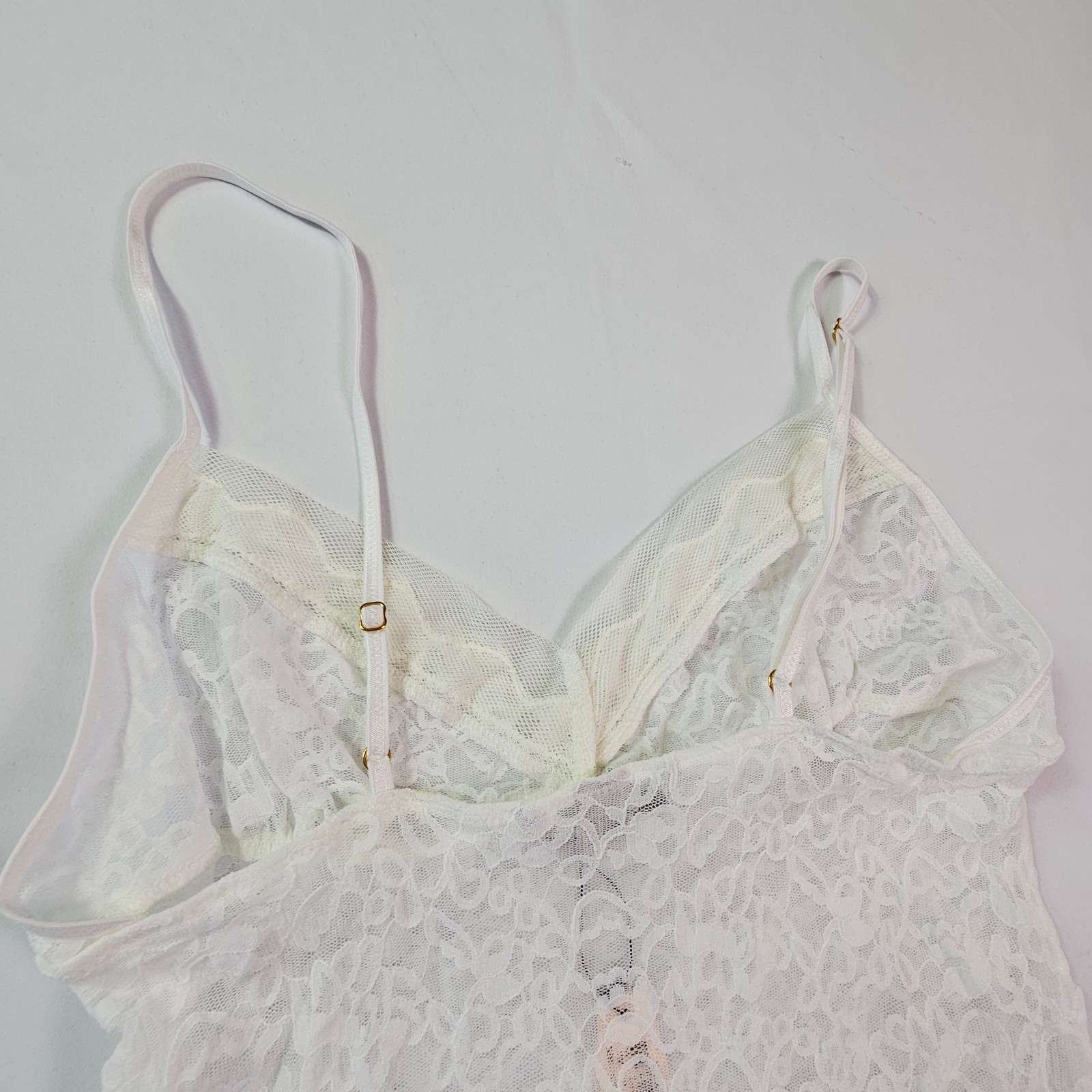 Victoria’s Secret Slip Dress Medium White Lace Sheer Mesh Chemise STAIN