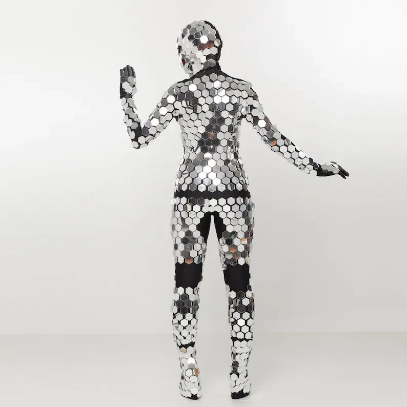 Silver rave sequin mirror bodysuit / disco ball leotard costume /circus aerial