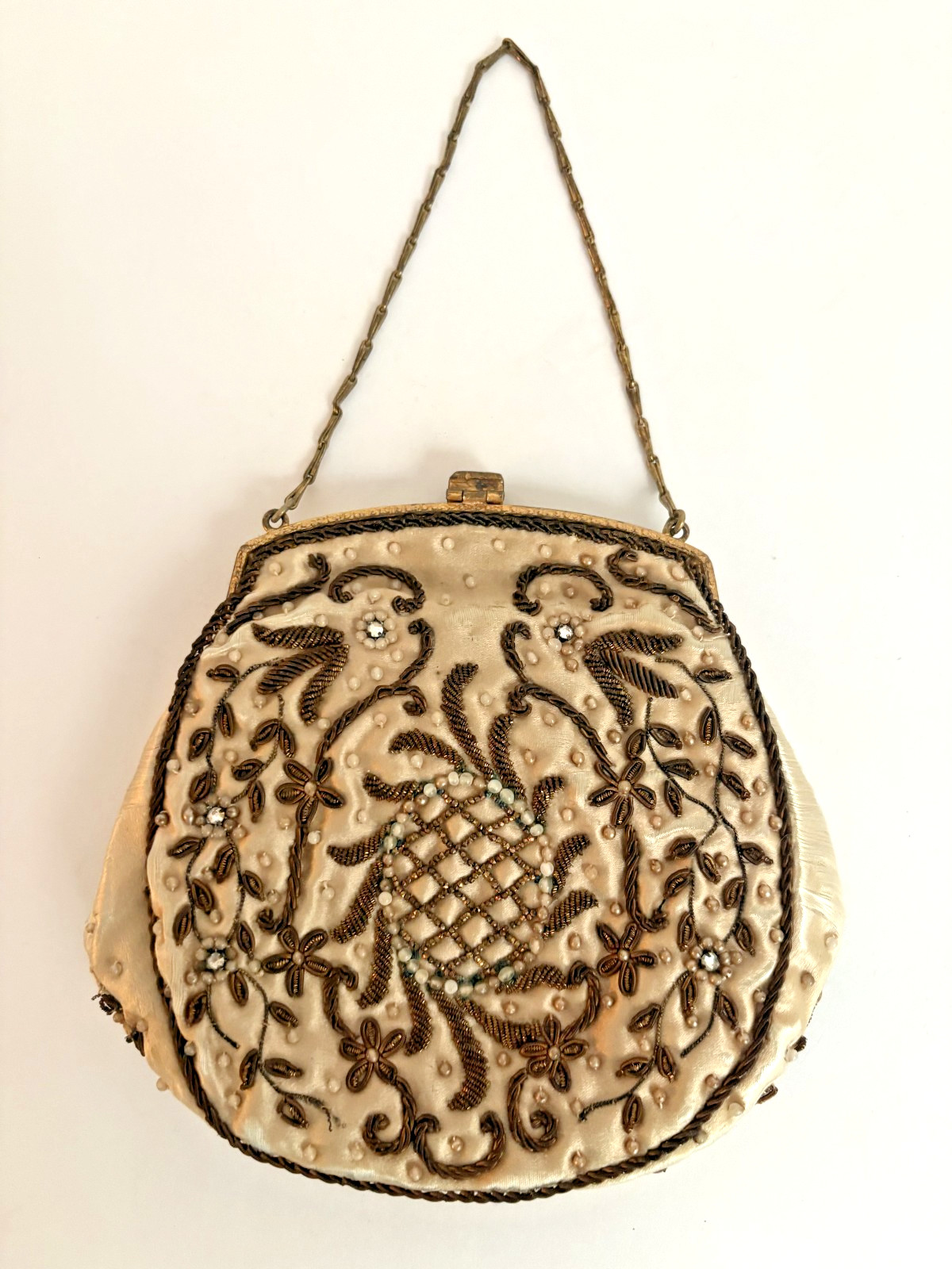 French Victorian Cameo TRINITY BAG Copper Beaded w/Pearls/Copper Metallic Thread