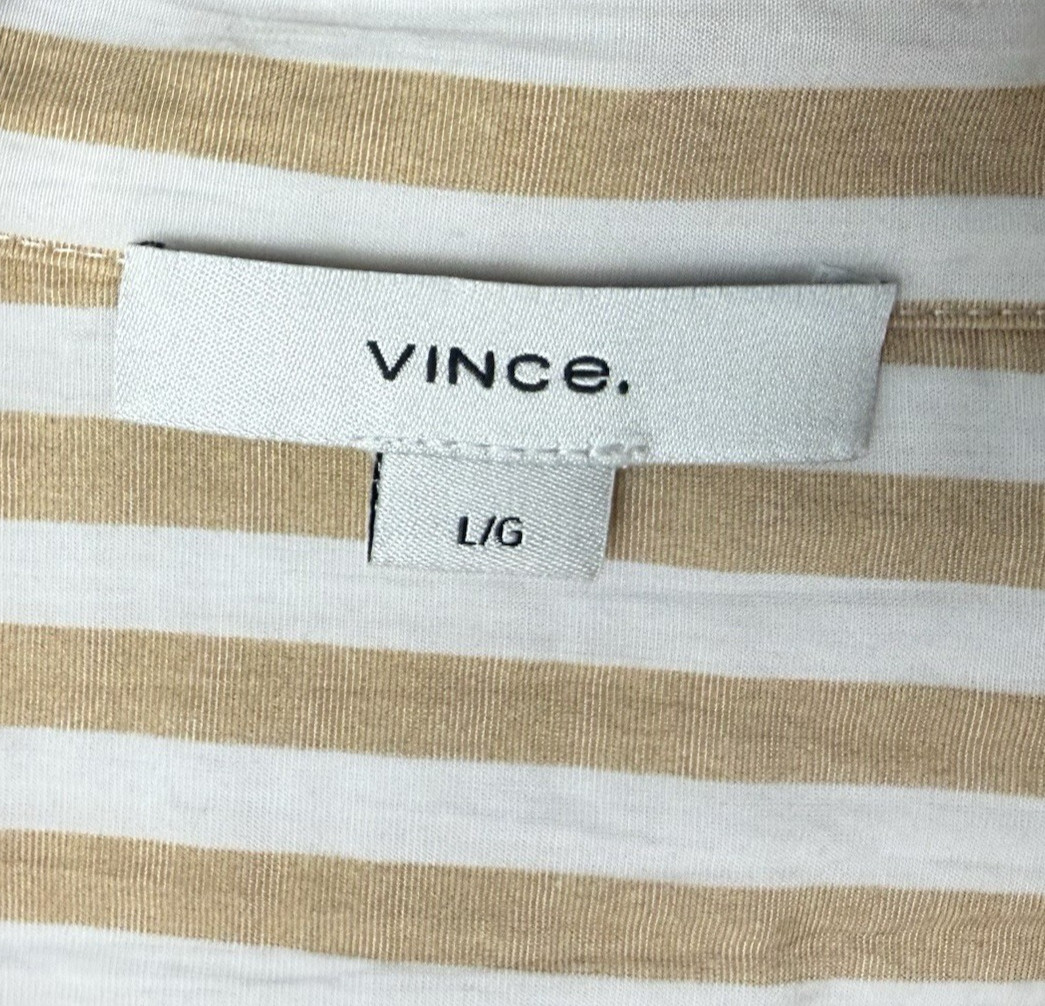 Vince. Popover Blouse Size Large Tunic Top 3/4 Sleeves V-Neck Tan White Stripes