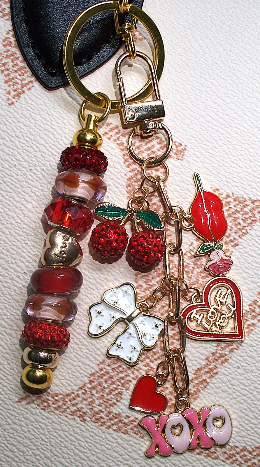 Bag Charm Keychain Murano Glass Red Pink Hearts Cherry Bow XOXO Love Purse Charm
