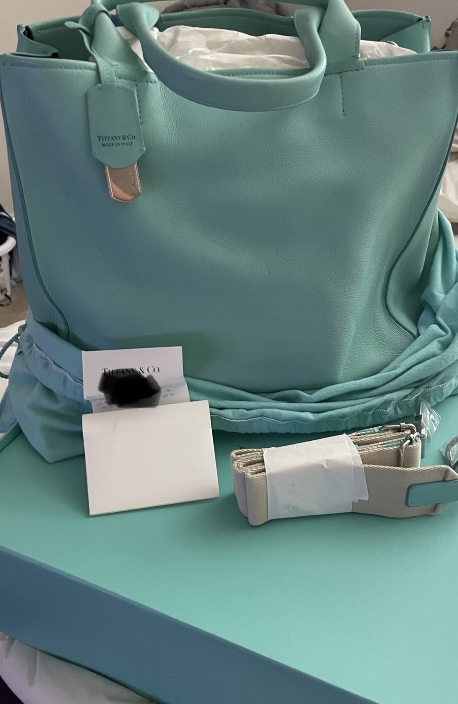Tiffany & Co. Blue Top Handle Bag Logo Accent, Detachable Strap Dust Bag Box