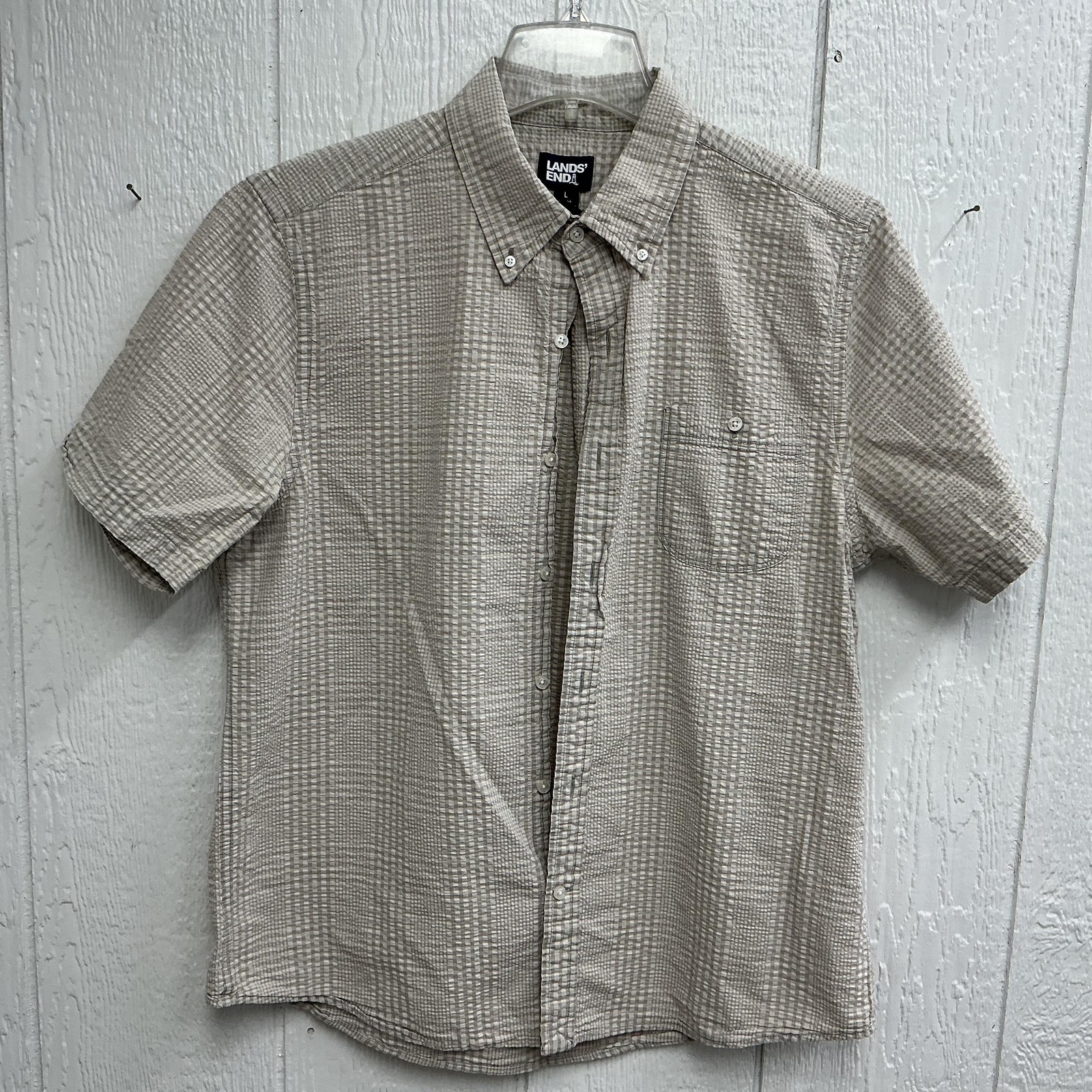 Lands’ End Shirt Mens Large Beige Check Short Sleeve Seersucker Cotton Casual