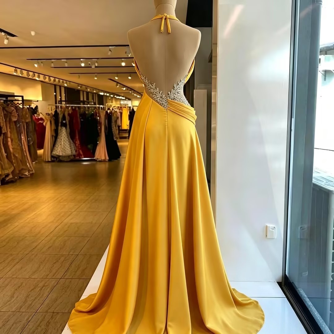 Luxury Mermaid Evening Dresses Yellow Beaded Lace Appliques Sexy Prom Gowns