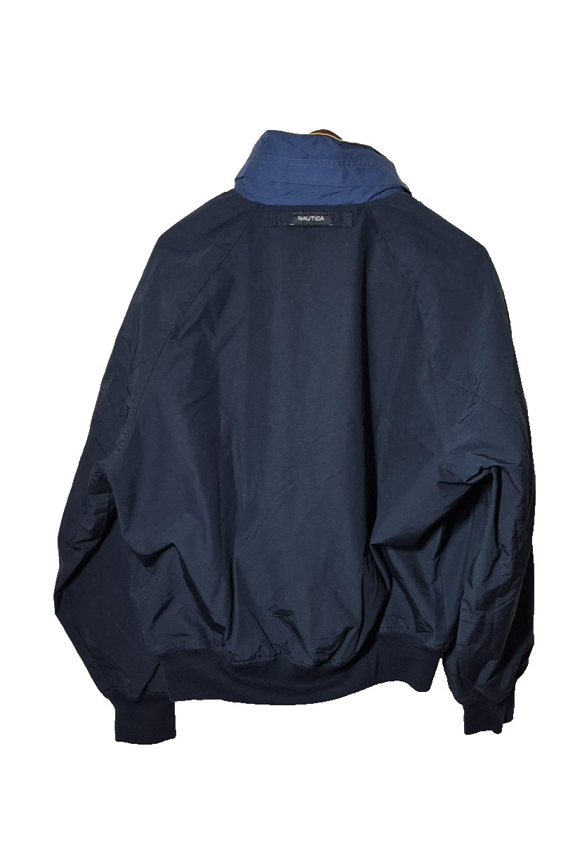 Nautica Jacket Mens Large Navy Sailing Bomber Zip Snap Mock Neck w/Hood Lined