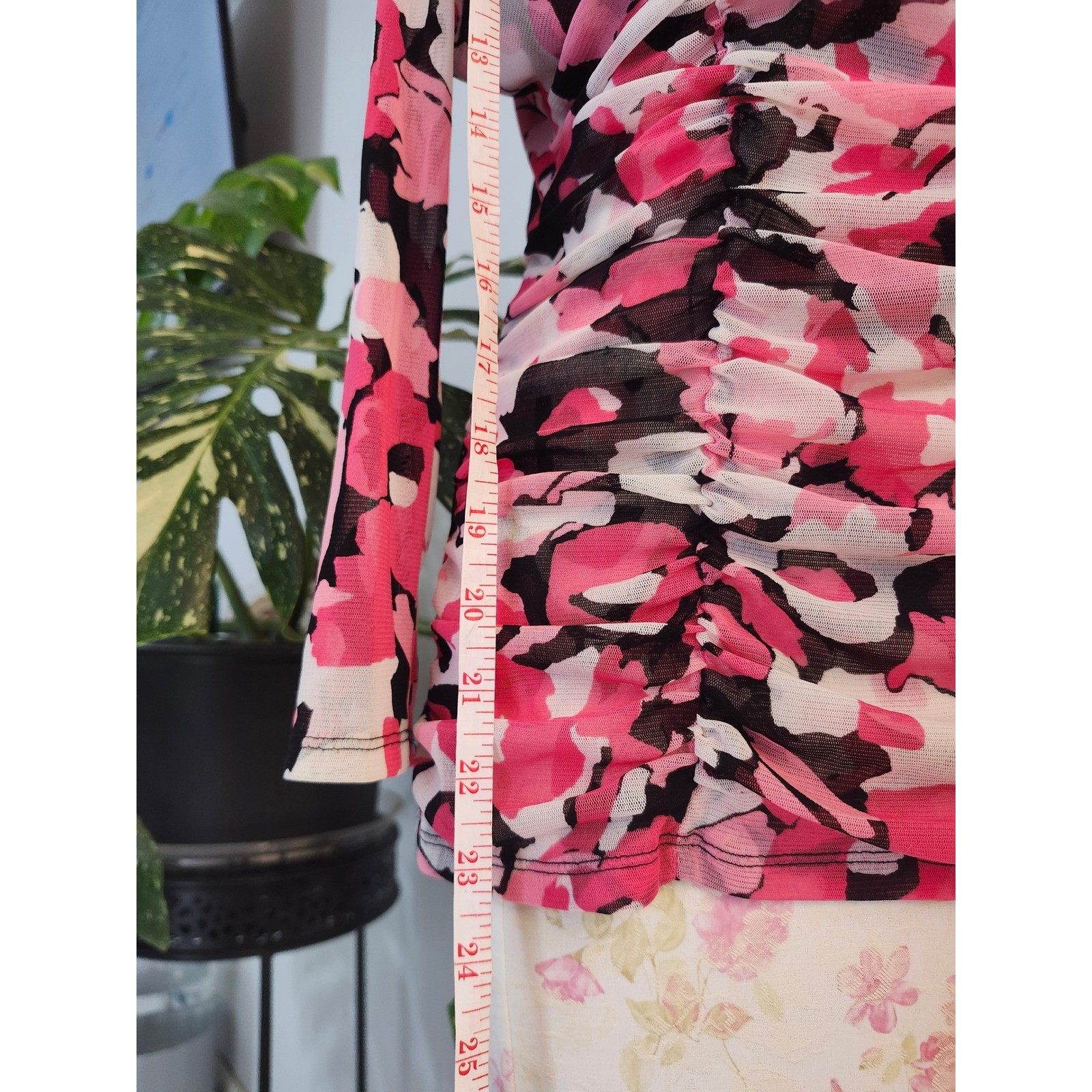 INC International Concepts Pink Floral Mesh Ruched Surplice Top XL Y2K