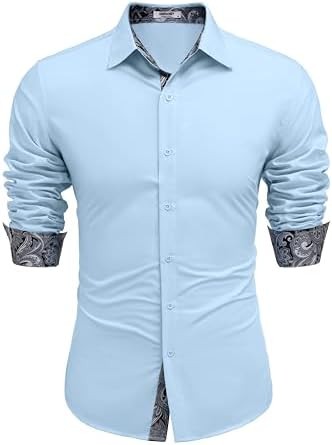 Coofandy Men’s Long Sleeve Wrinkle Mens Free Dress Shirts Inner Contrast