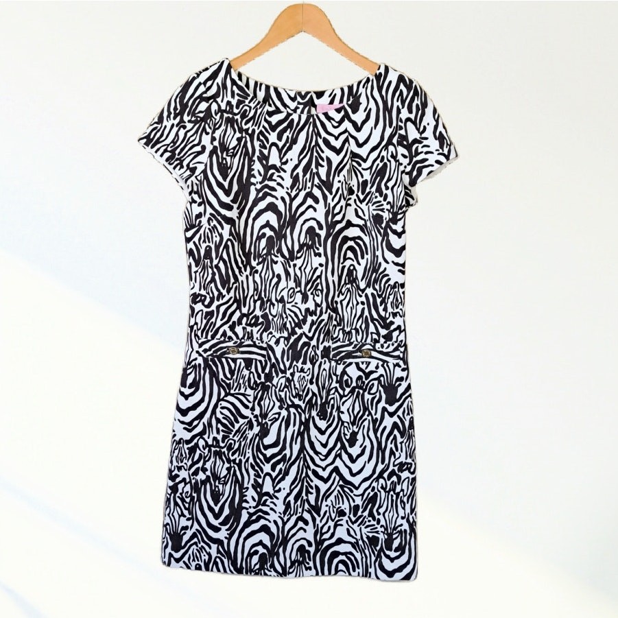 LILLY PULITZER Layton Zebra Shift Dress Medium Brown Zebra Full Entourage Pocket