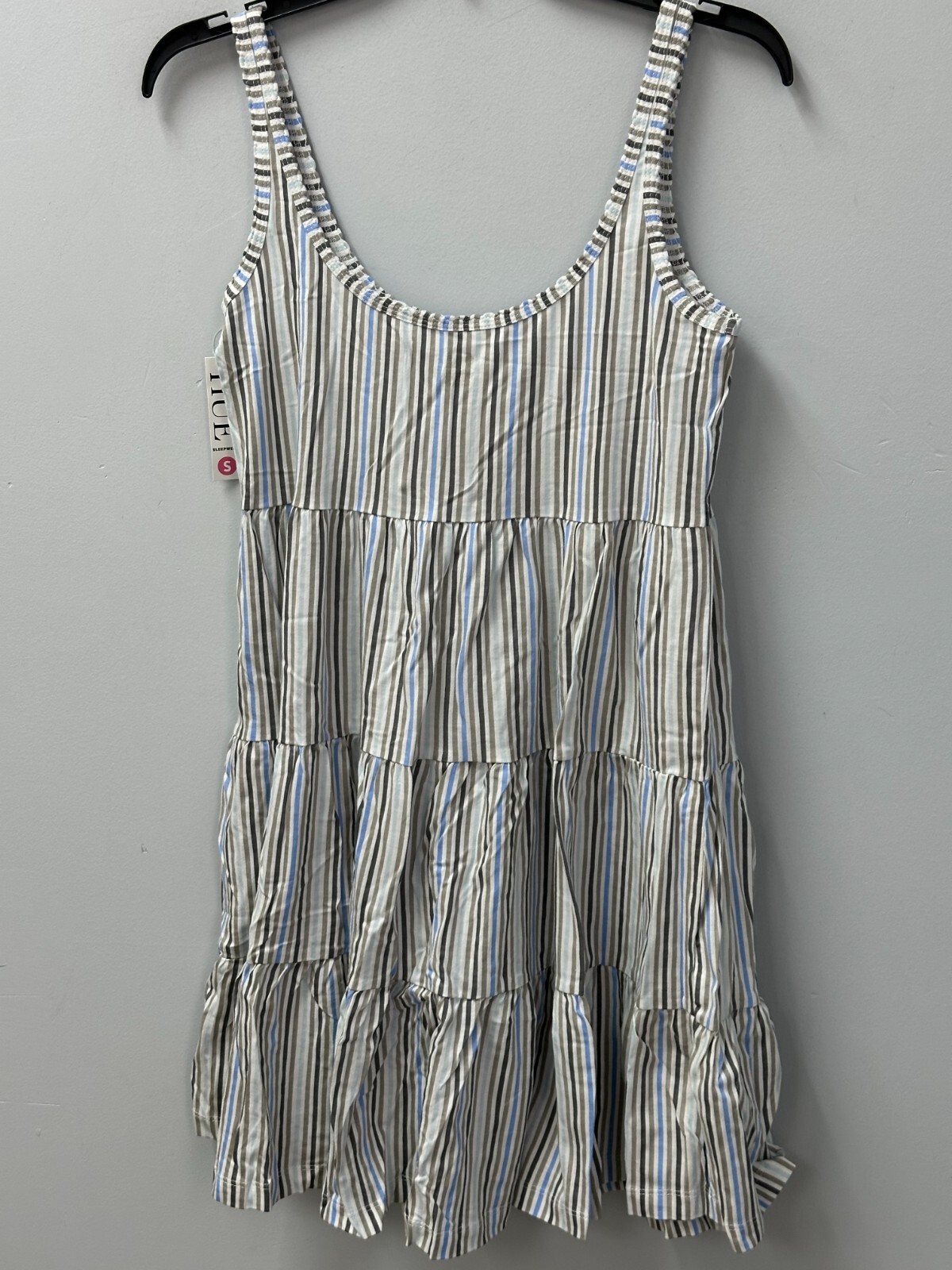 HUE White Gray Blue Striped Tiered Short Sleeveless Nightgown Women’s Size Small