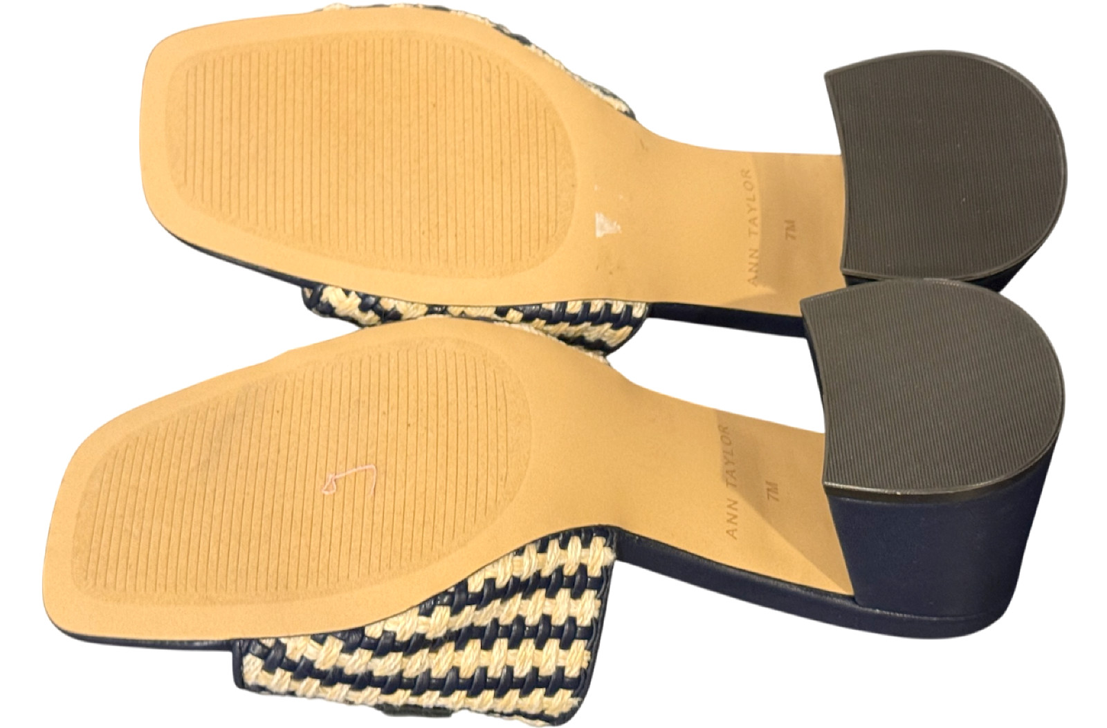 ANN TAYLOR NIGHT SKY CHAIN WOVEN LEATHER BLOCK HEEL STRAW SANDALS HEELS SHOES 7