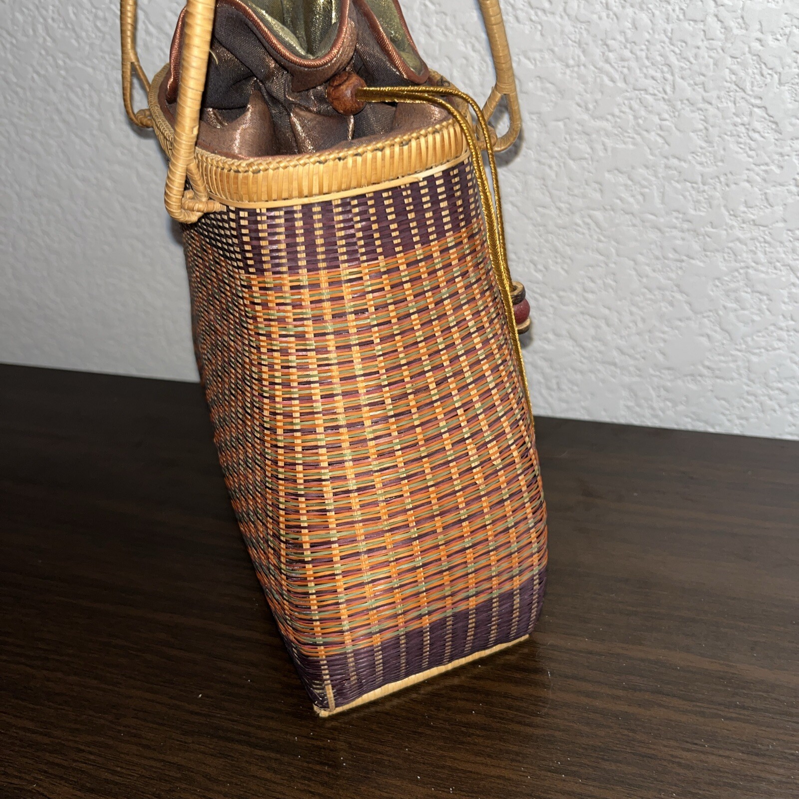 Bamboo Wicker Woven Handbag Purse Drawstring Top Fabric Lining Beautiful Colors