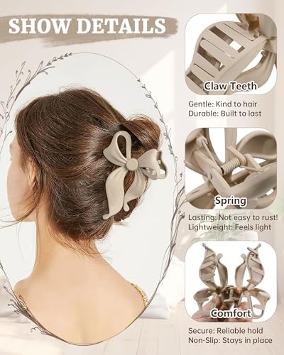 4 Pack Cute Bow Claw Clip for Women, Nonslip 4.1″ Black, Grey, Khaki, Brown