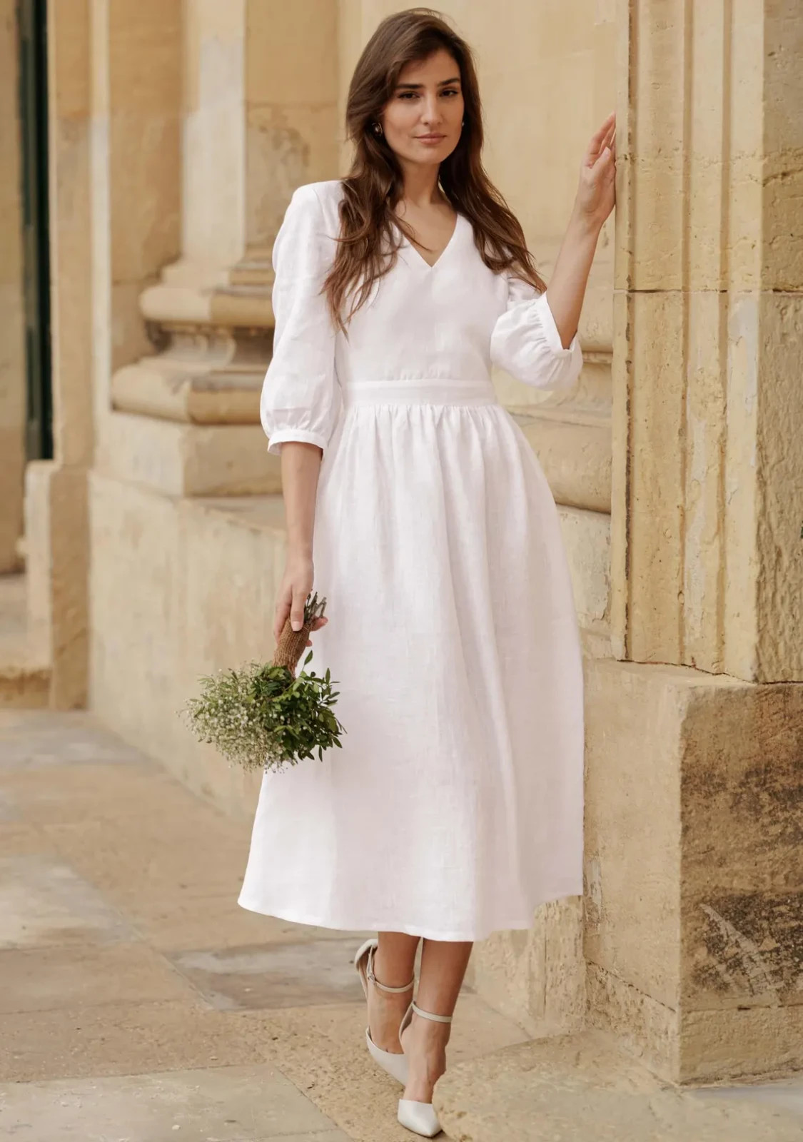 Linen wedding dress MADELEINE, V-neck dress with puff sleeves, Open back wedding