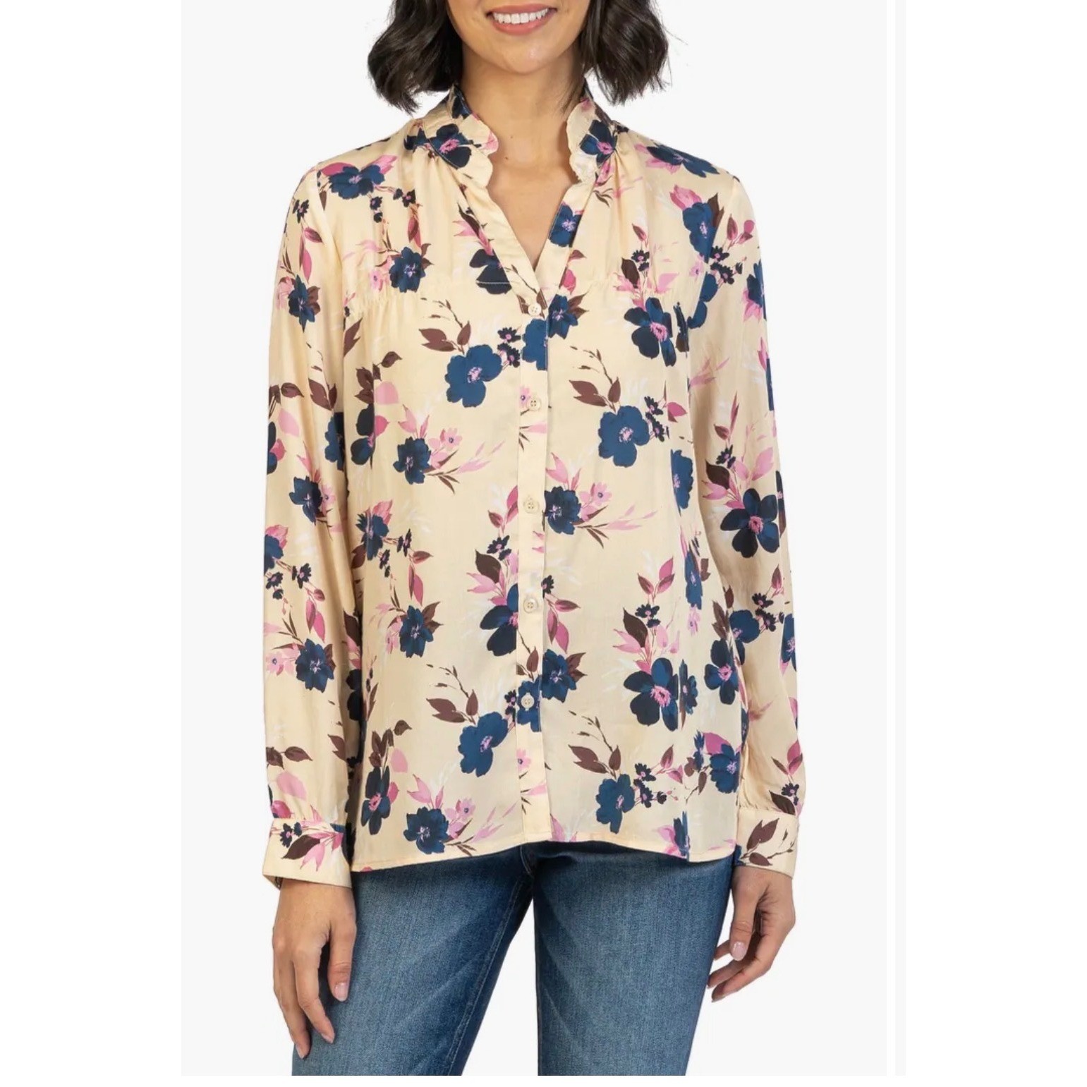 KUT from the Kloth Womens Floral Button Down Blouse Cream Pink Blue Size M