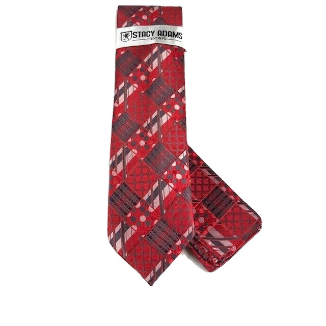 Stacy Adams Men’s Tie Hanky Set Red Pink Charcoal Gray Plaids 3.25 Inches Wide