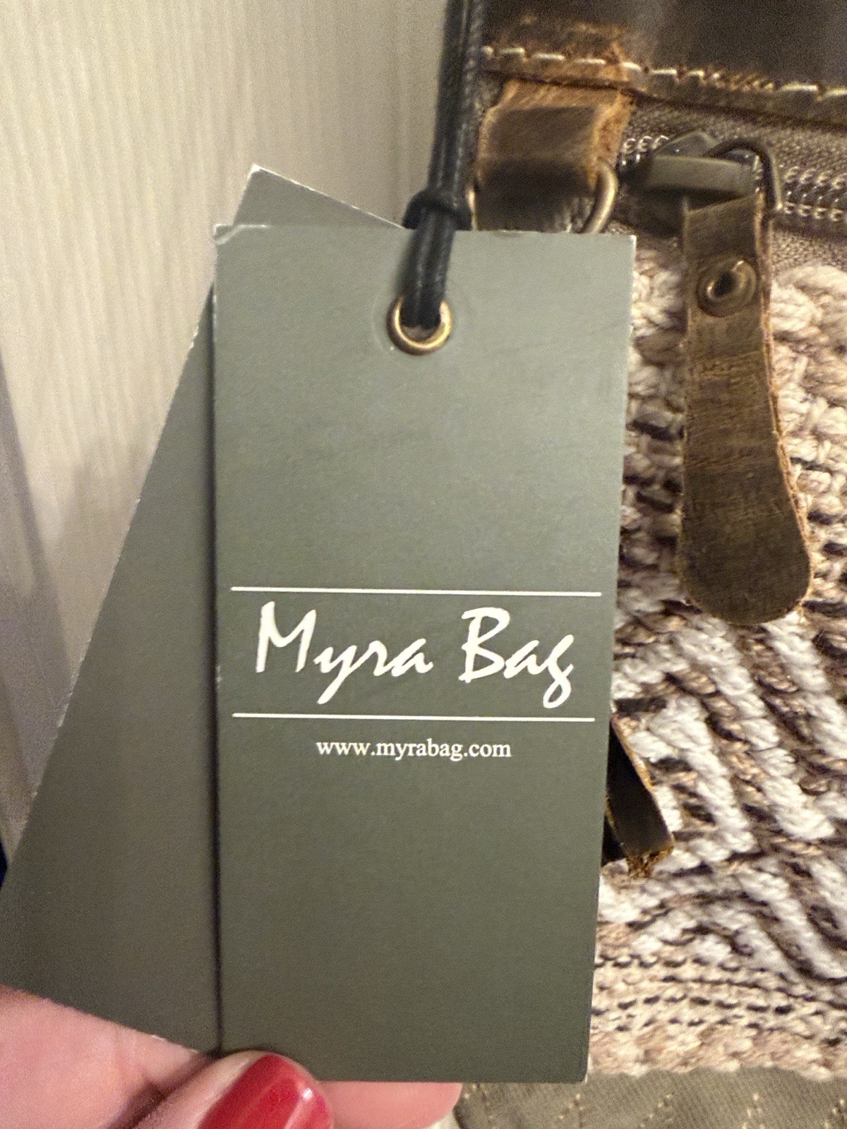Myra Bag Geometric Crossbody Bag Brown Beige Black Zip Bronze Hardware Strap