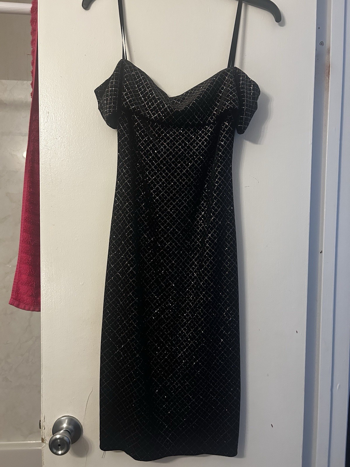 Rebecca B Black Sparkly Grid Cocktail Dress Spaghetti Strap Back Zip Size 6