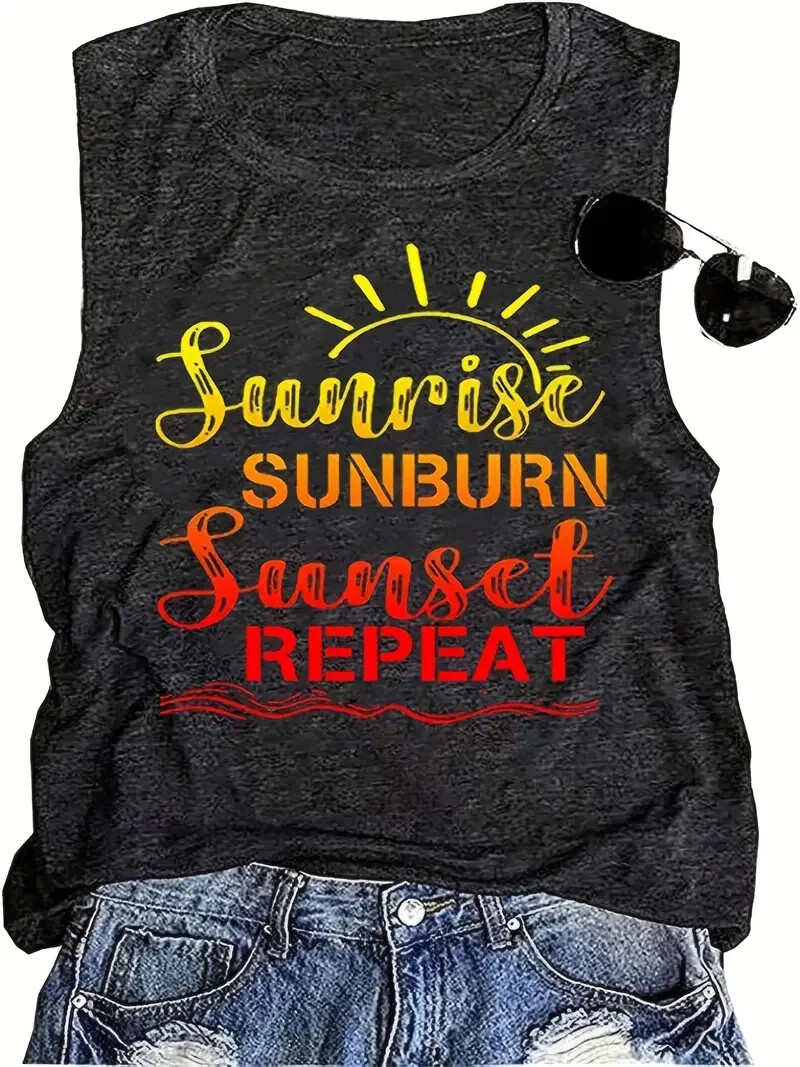 Letter Print Crew Neck Tank Top, Casual Sleeveless Tank Top Size Large