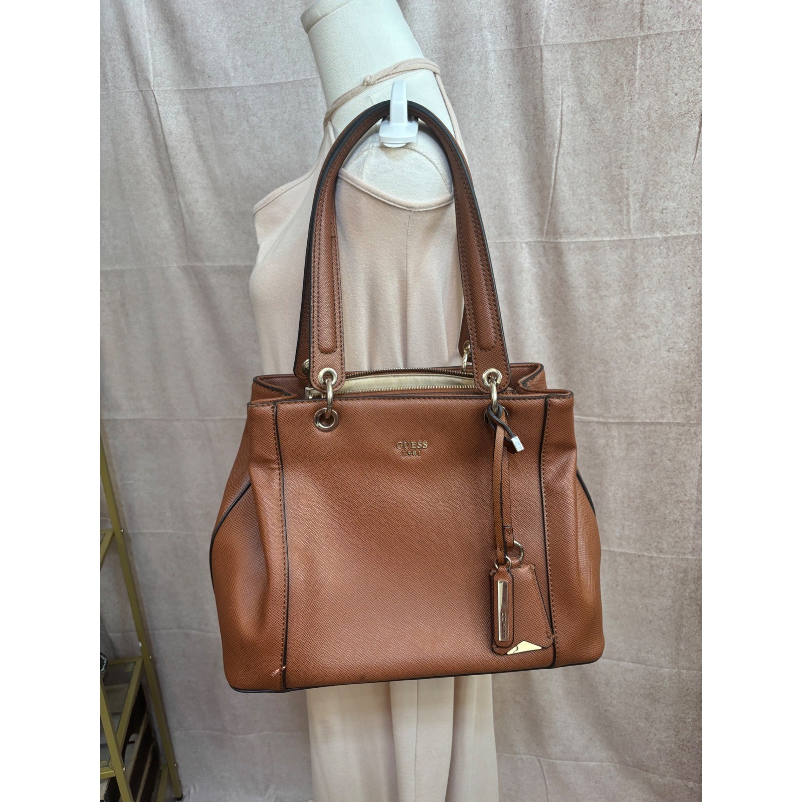 Guess 1981 Women Cognac Brown Saffiano Faux Leather Satchel Handbag Gold