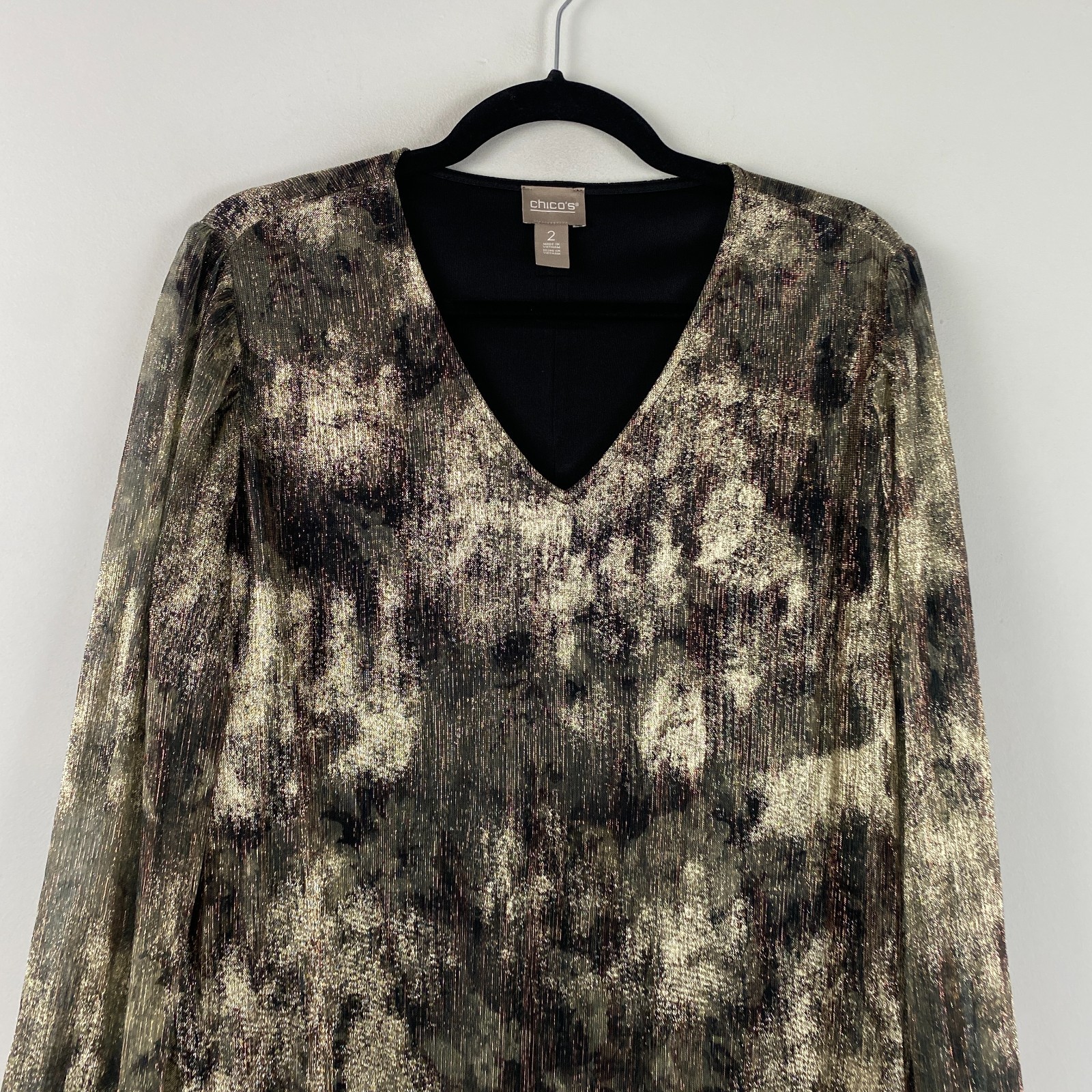 Chicos Shimmer Floral Shift Dress Size 2 US Large Bracelet Sleeves V Neck