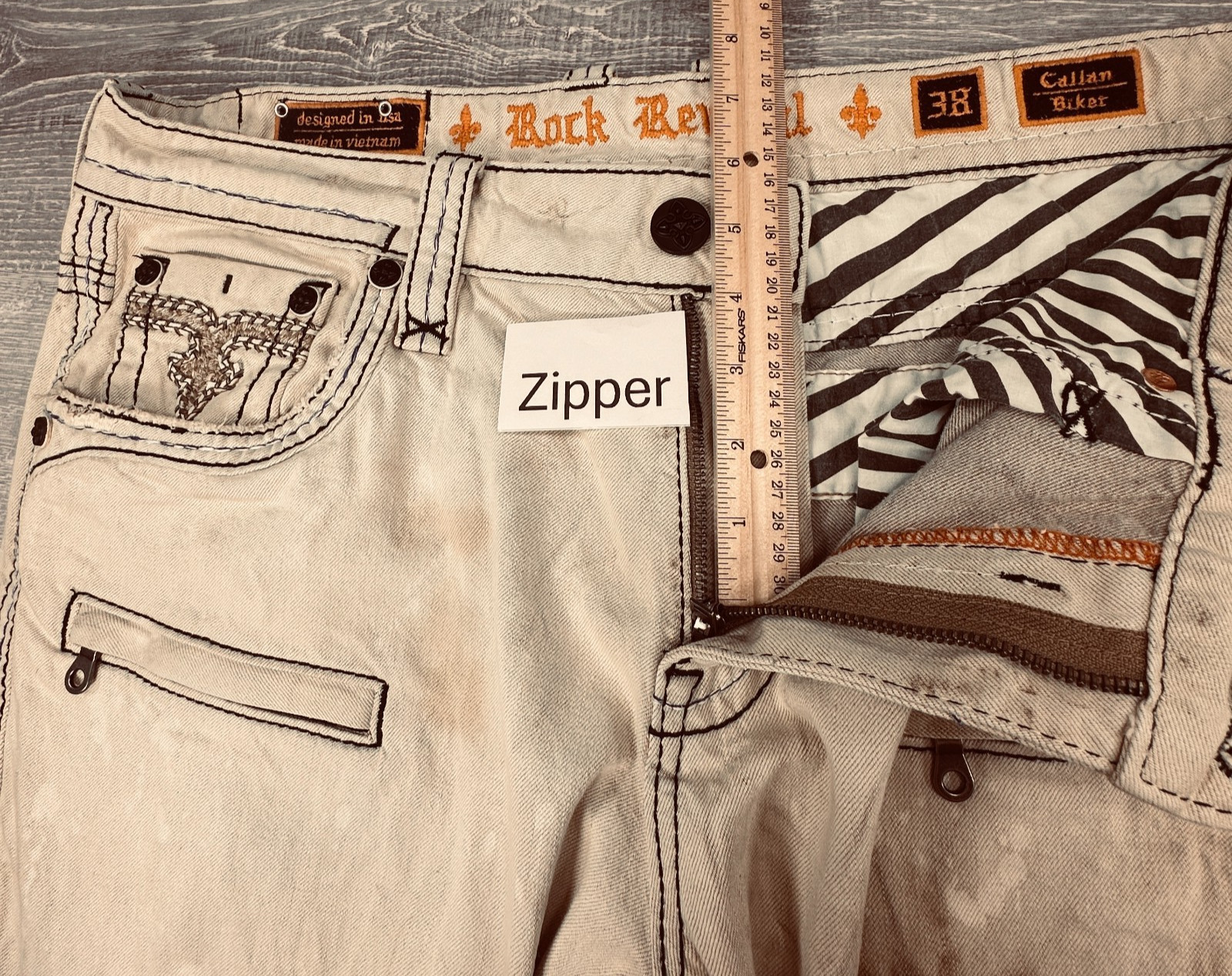 Rock Revivial Callan Biker Beige Jeans Acid Distressed Embroidery Size 38 x 33