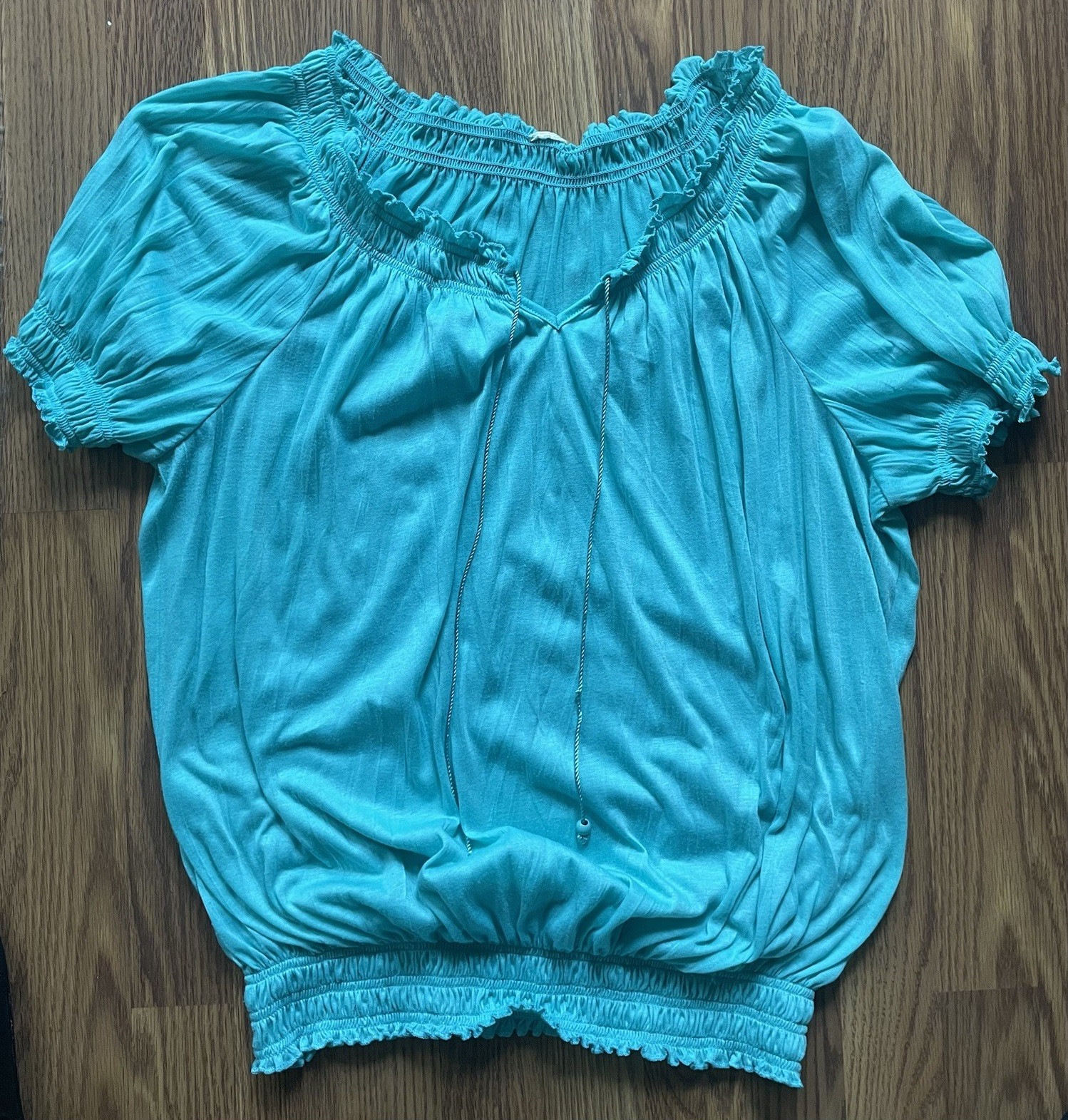 Women’s XL Blue Solid Peasant Off-the-Shoulder Short Sleeve Puff Ruffle Blouse