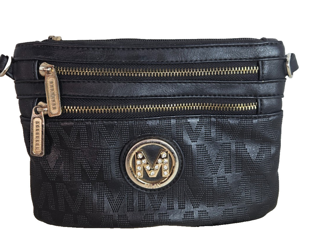 M Collection Black Monogram Crossbody Bag Rhinestone Logo Multi Zip Pockets