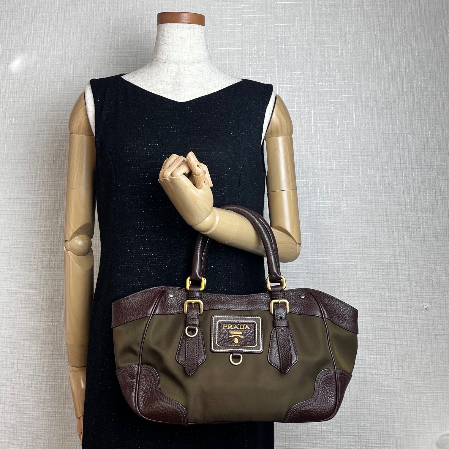 PRADA Logo Hand Bag Kahki Brown Nylon Leather BN1221 Auth Used