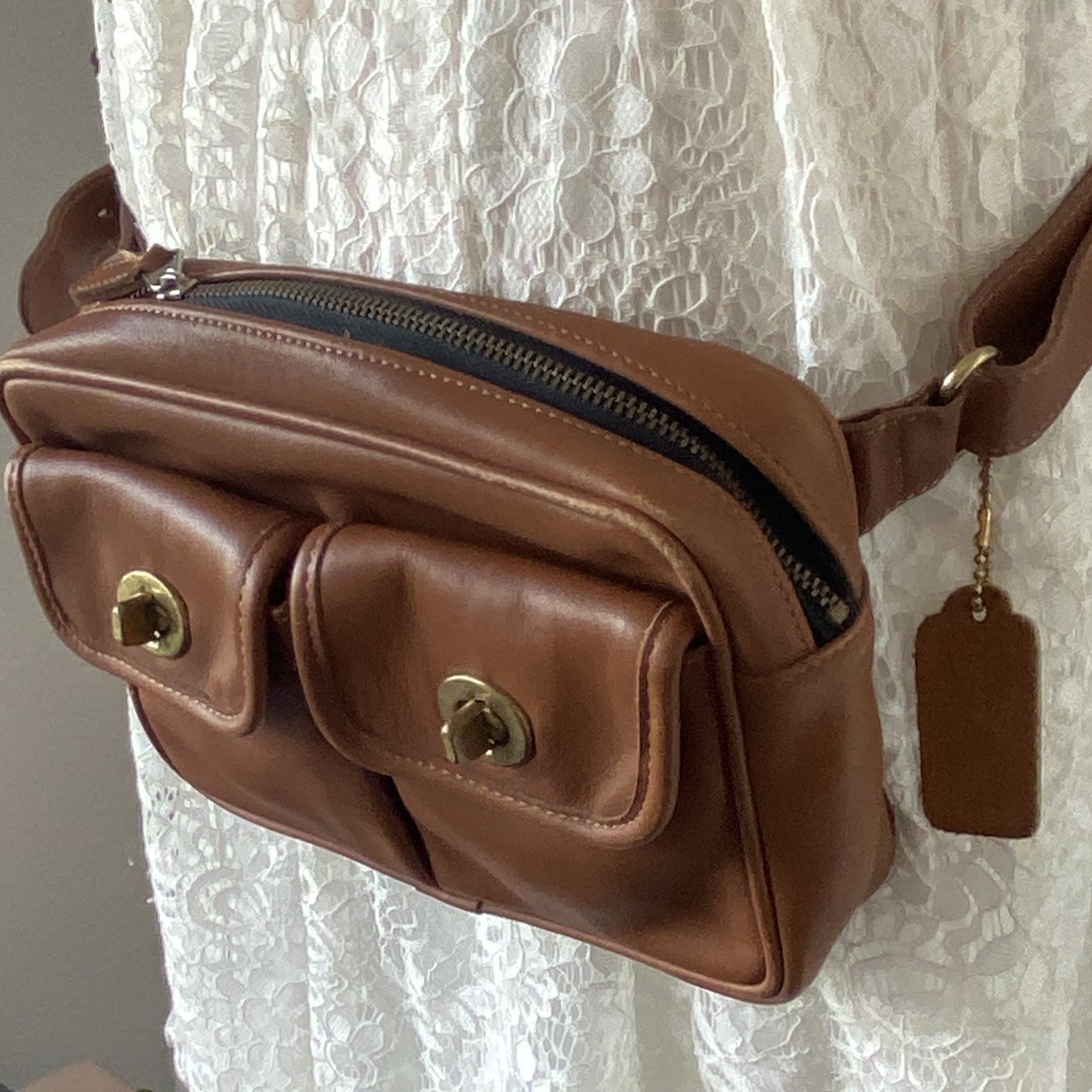 Coach Brown Crossbody Bag Zip Top Turn Lock Pockets Gold Hardware Bag Charm