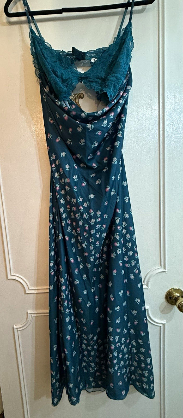 Free People Intimately Gossamer Glow Full Slip XS Teal Floral Satin Lace