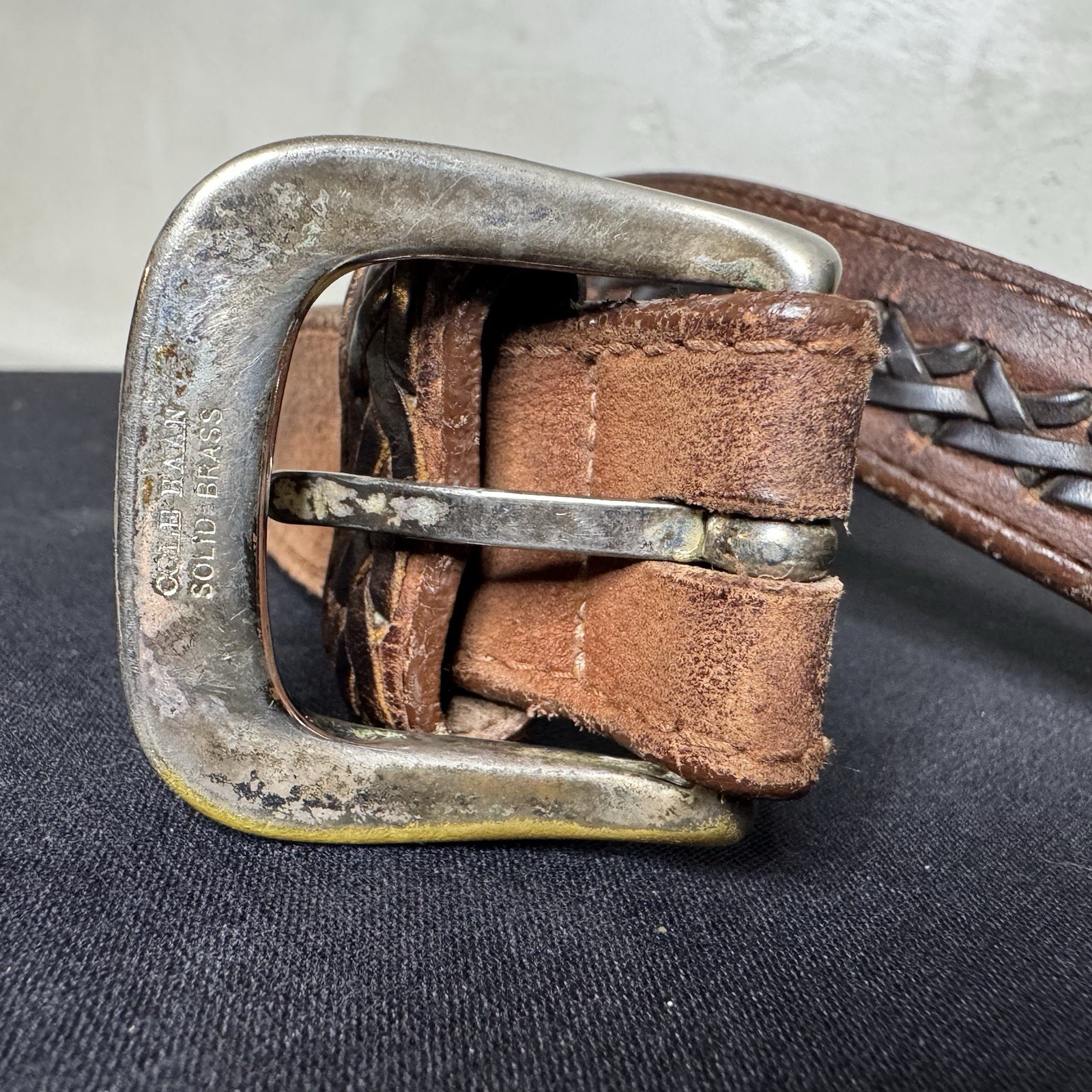 Vtg Cole Haan Braided Leather Belt Men’s 46 Made in USA Brown Woven Brass 1”