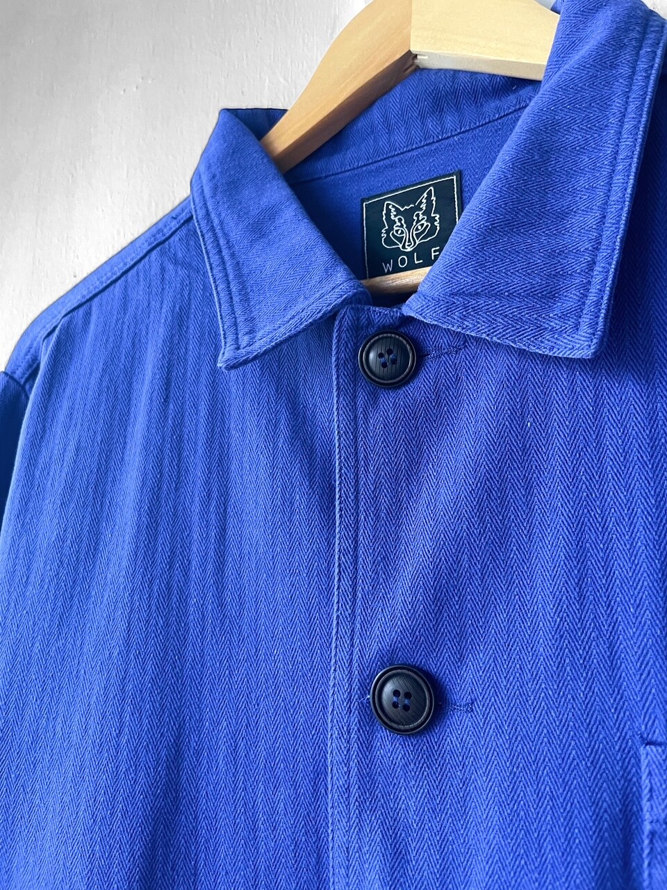 Herringbone French Chore Jacket 60s Style Bugatti Blue Washed Cotton Twill