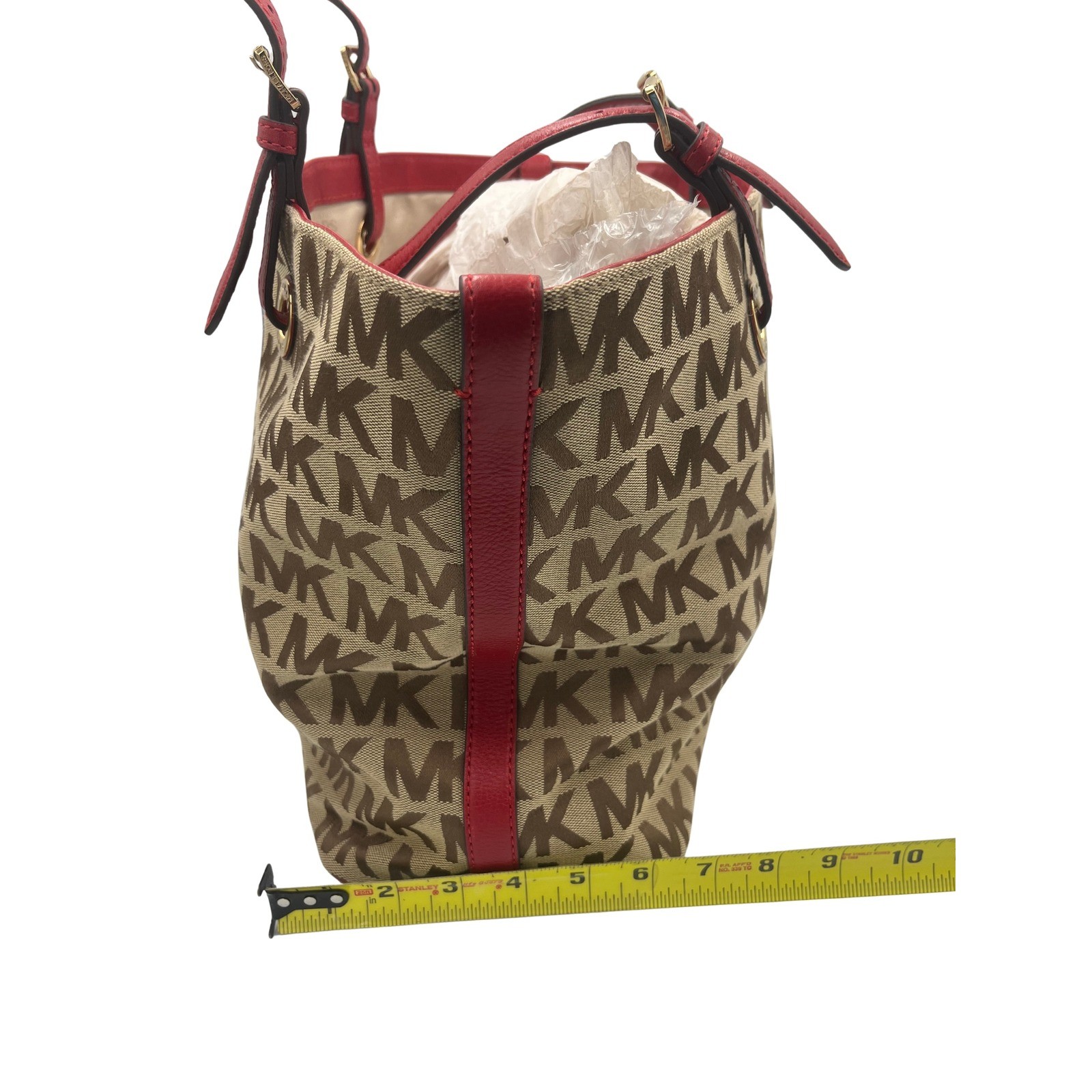 Michael Kors Monogram Jacquard Tote Bag Beige Red Leather Gold Hardware BFSQ1K