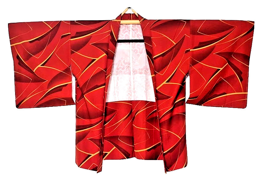 VINTAGE Unused Haori Kimono Jacket Geometric Scarlet M Yuki 26in Unlined Japan