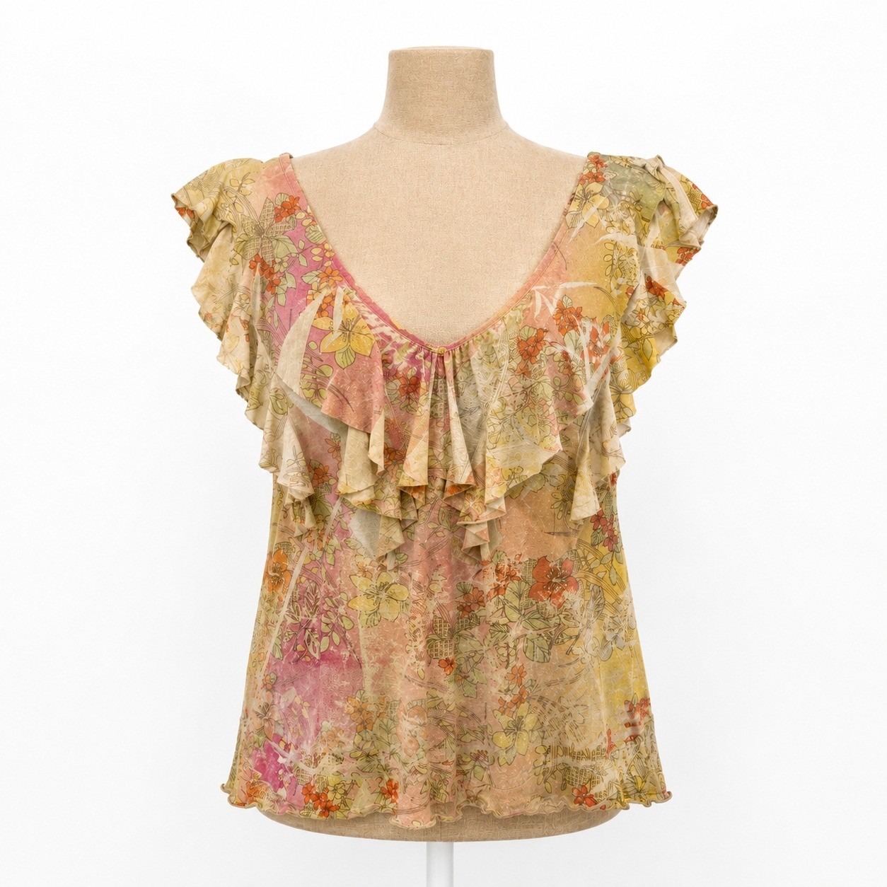 Vintage Y2K Floral Ruffle Fairy Grunge Top Sz M Pink Punk Indie Boho Distressed