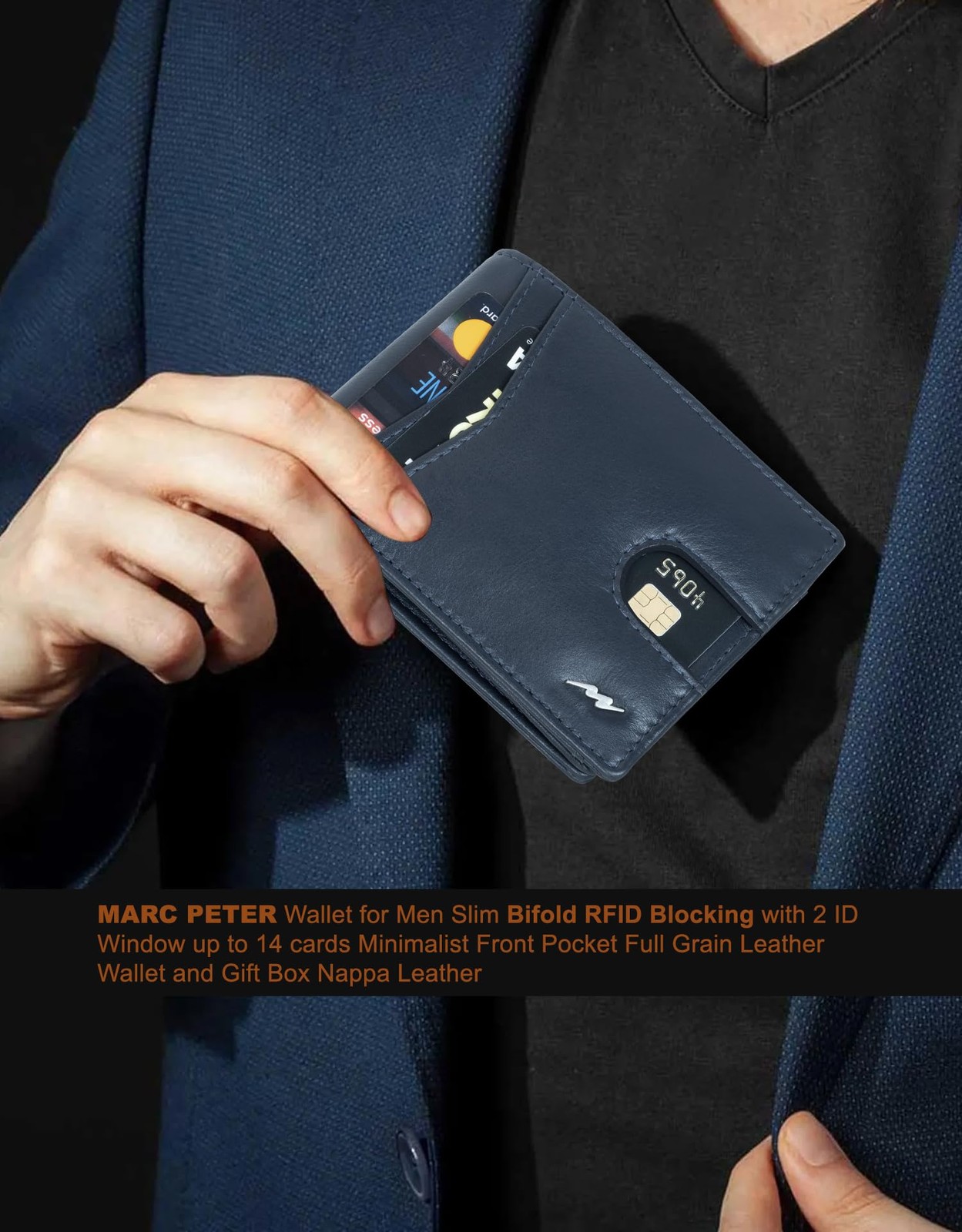 Marc Peter Wallet for Men Slim Bifold RFID Blocking 10.5×8.2×1.3 cm, Navy