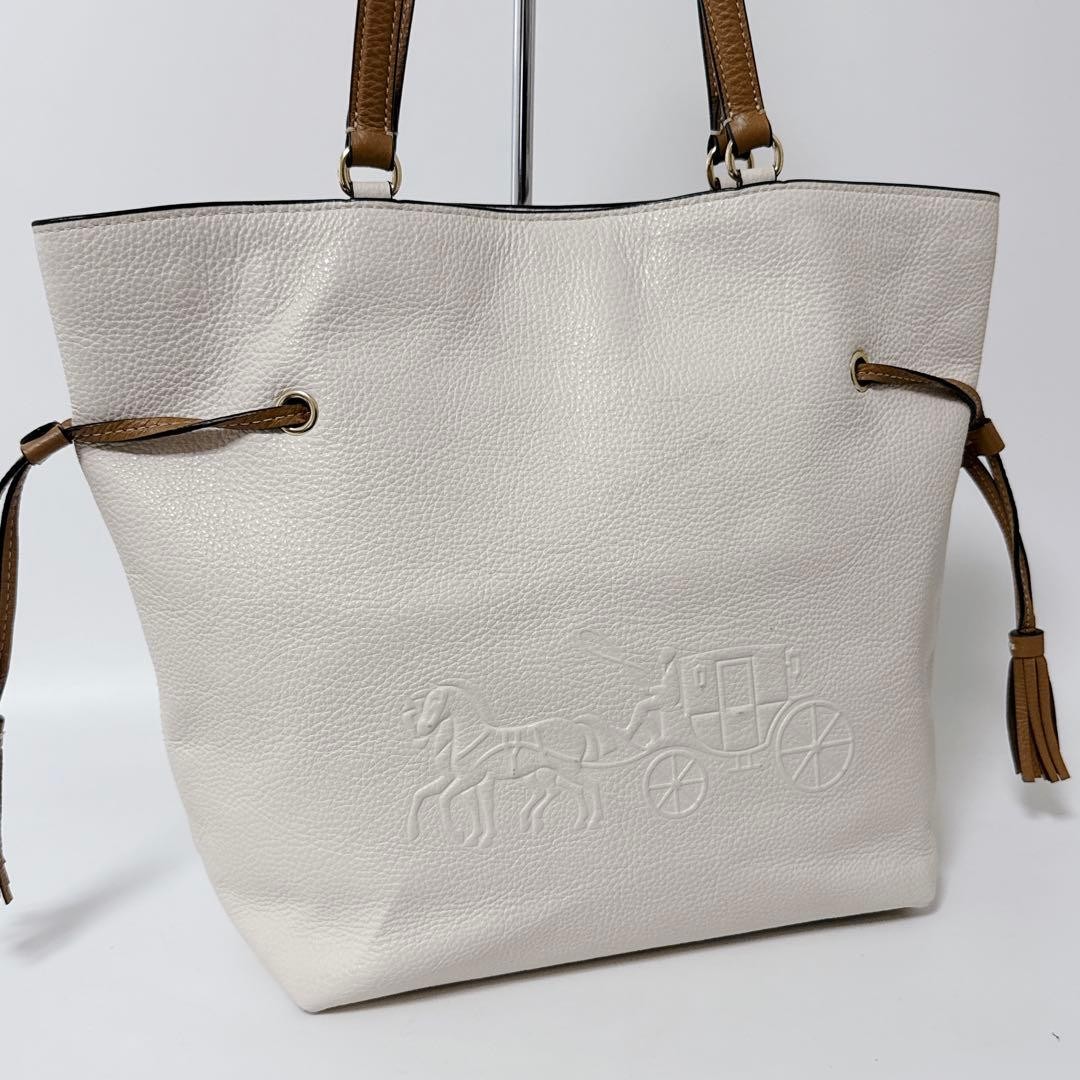 COACH Andy CA165 White Leather Tote Shoulder Bag Carriage Logo Tassel Auth