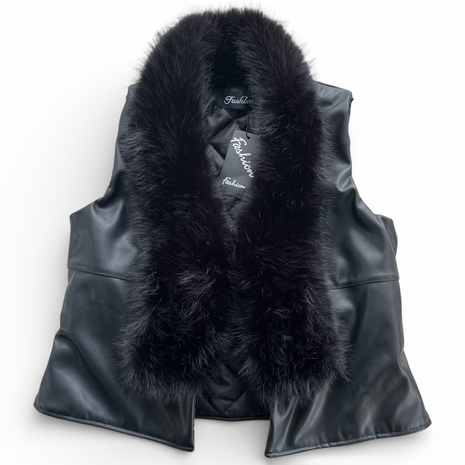 Fashion Women Black Faux Leather Faux Fur Trim Back Bow Quilted Line Vest Grunge