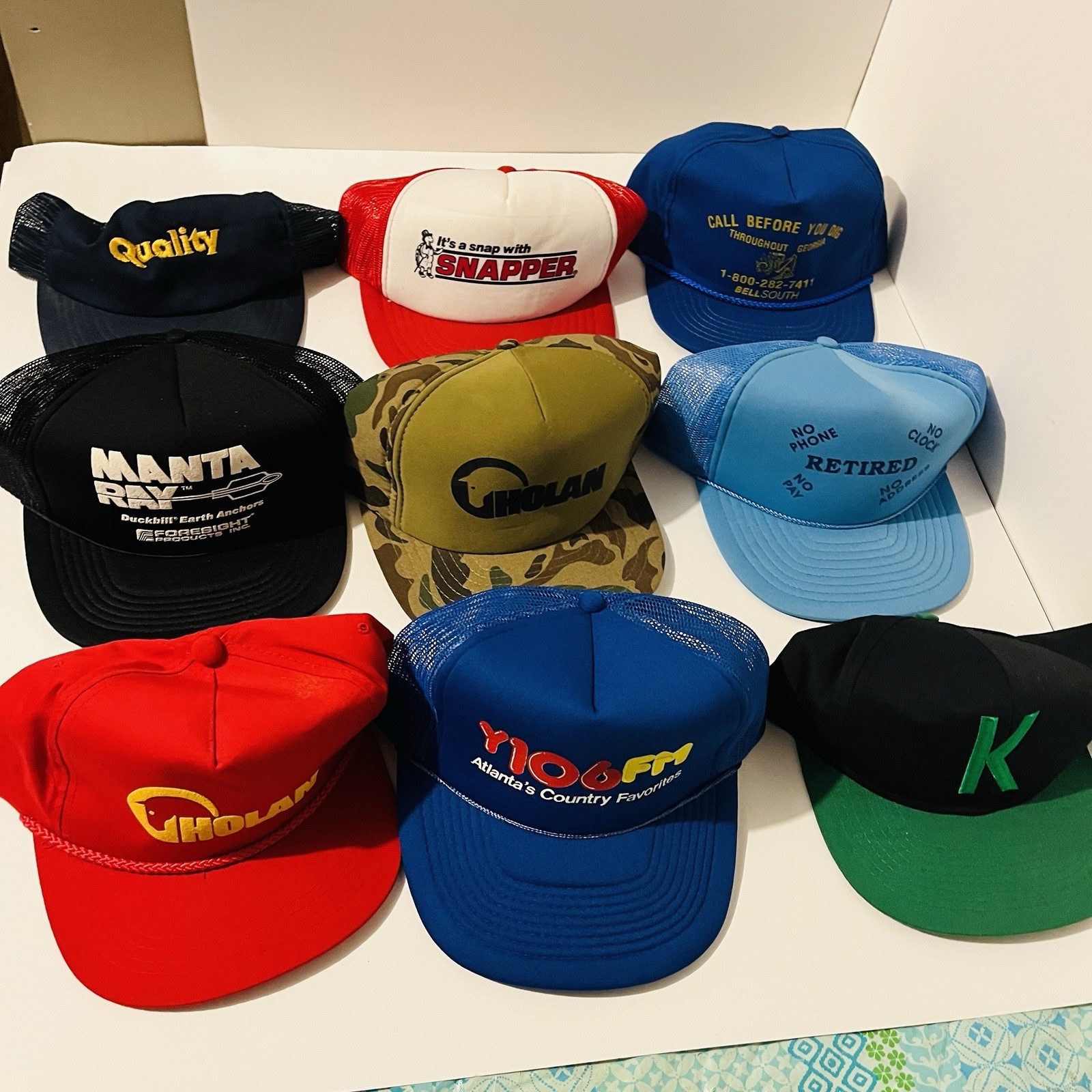 Lot of 9 Vintage Trucker Hats Snapback Mesh Caps Advertising Farm Radio Utility