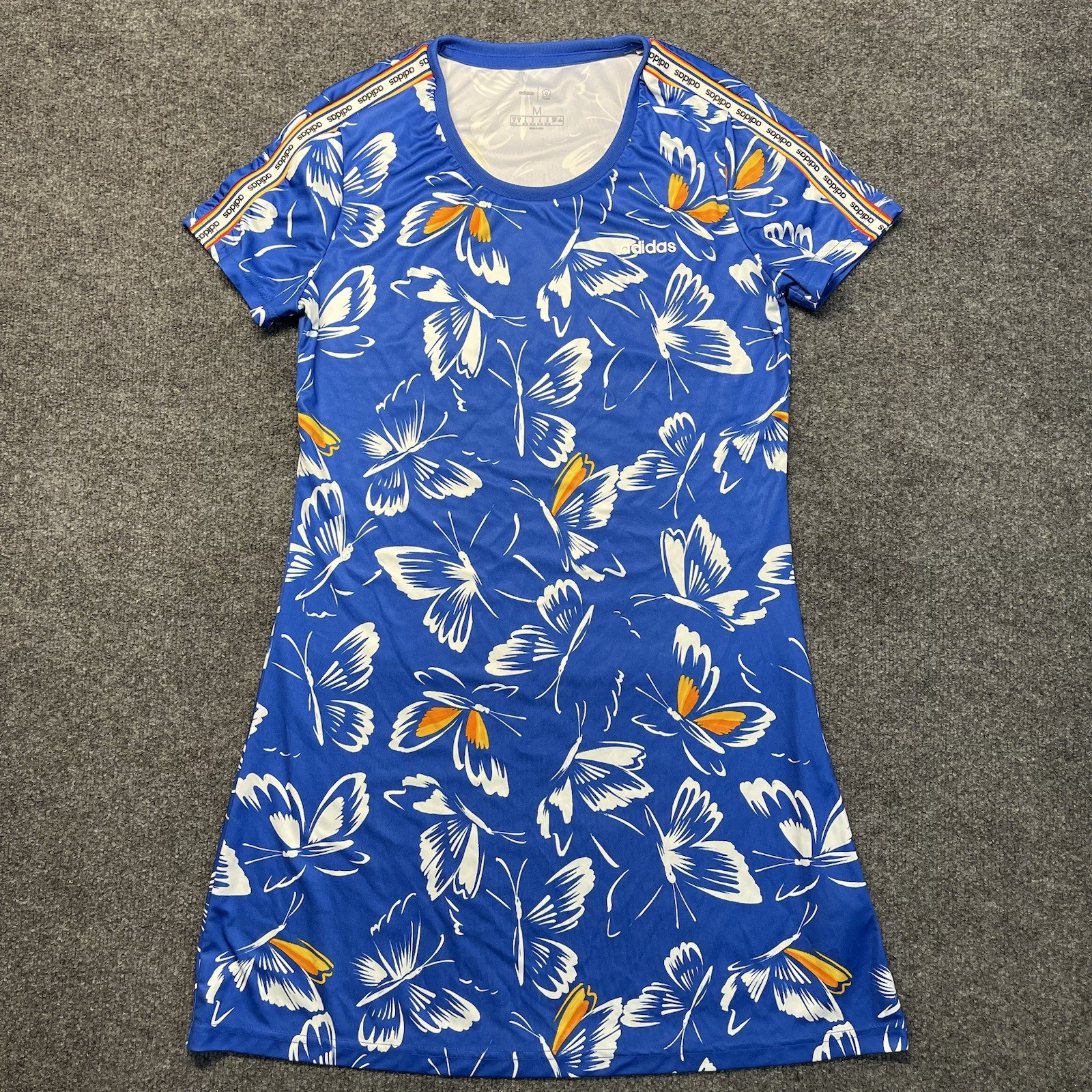Farm Rio x Adidas Mini Dress Butterfly Size Medium Blue Stretch Lightweight Logo